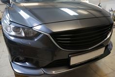 Накладка на передний бампер Mazda 6 2012-  (Клыки + Перекладина)