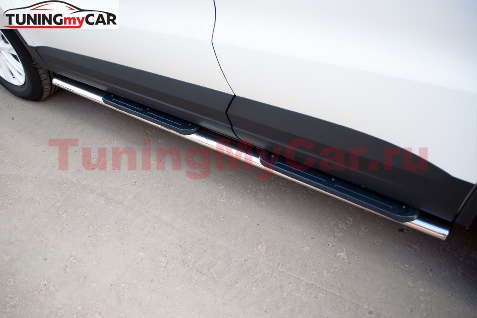 Пороги труба D75х42 овал с накладками для Volkswagen Tiguan Track & Field (Track & Style) 2011-