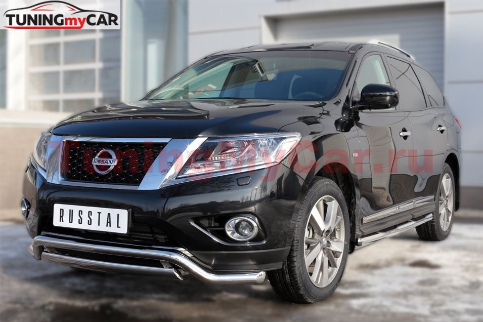 Пороги труба D76 с накладкой (вариант 3) для Nissan Pathfinder 2014-
