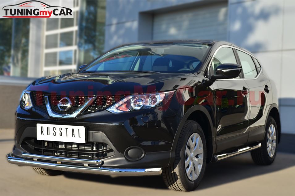 Пороги труба D76 с накладкой (вариант 2) для Nissan Qashqai 2014-