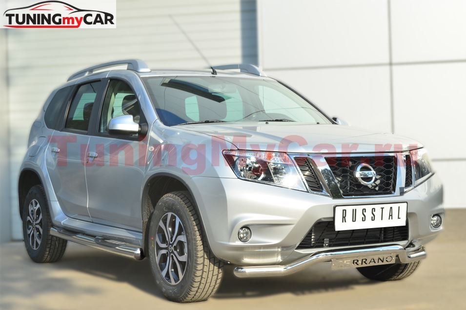 Пороги труба D76 с накладкой (вариант 3) для Nissan Terrano 2014-