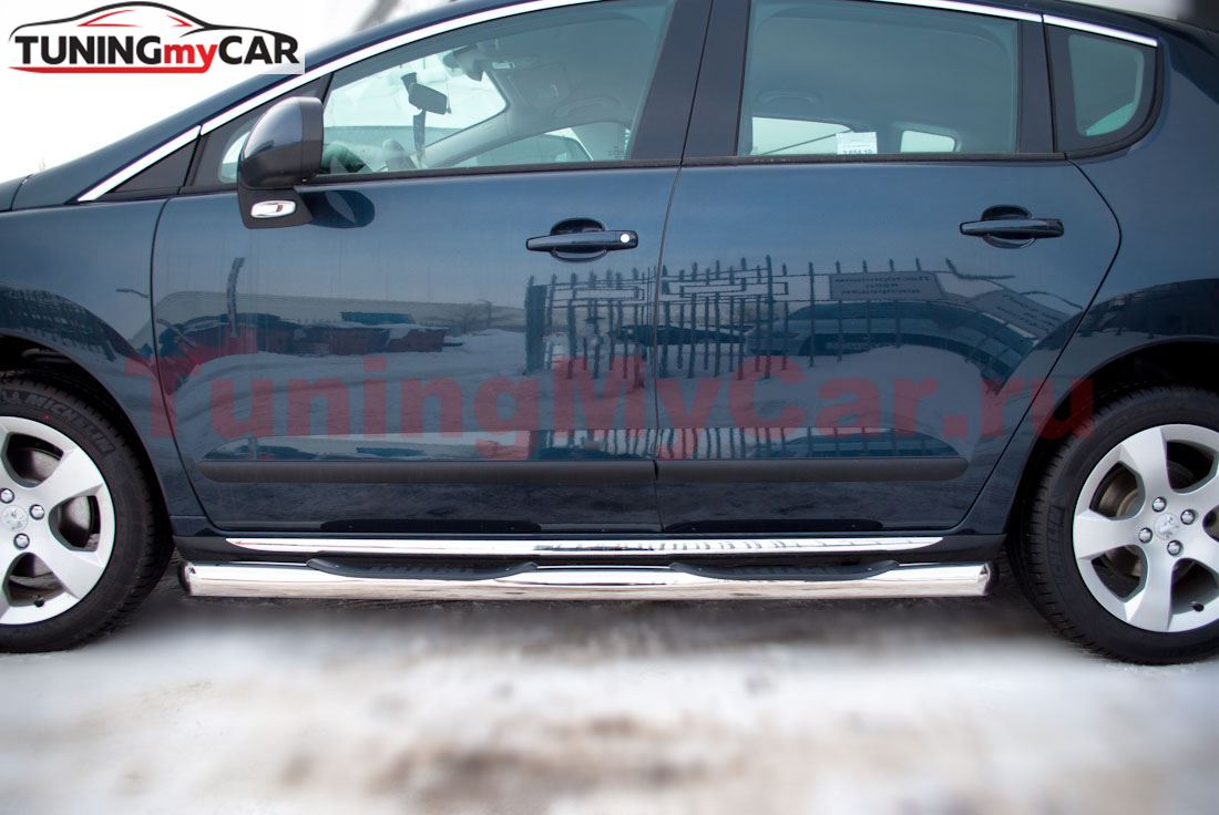 Пороги труба D76 с накладками (вариант 1) для Peugeot 3008 2009-