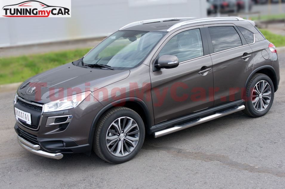 Пороги труба D76 с накладками (вариант 3) для Peugeot 4008 2012-