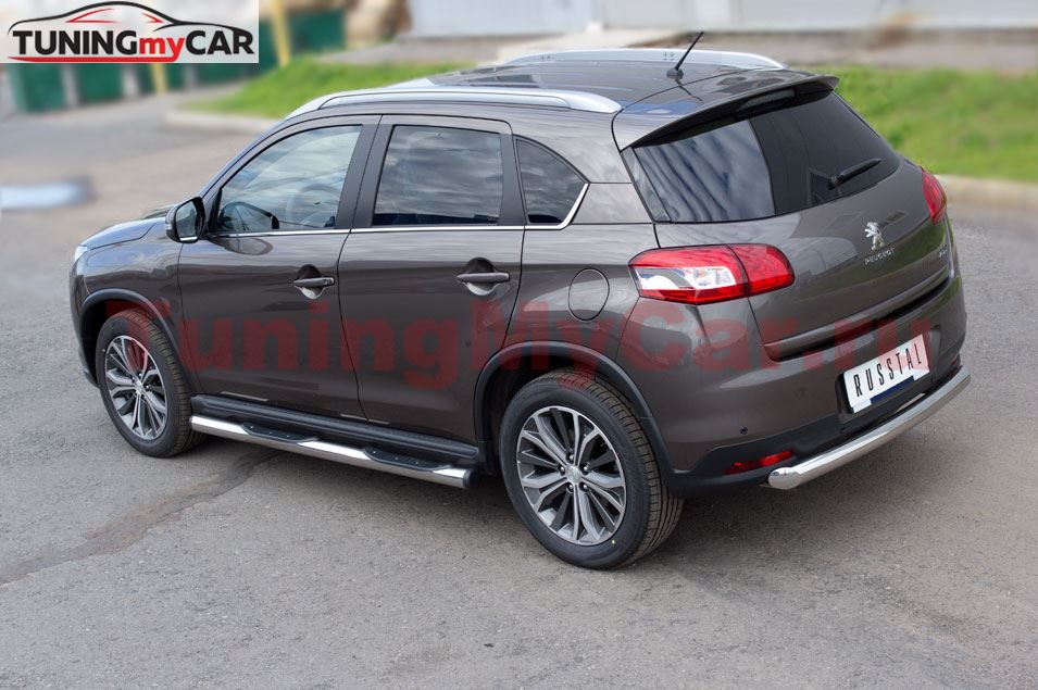 Пороги труба D76 с накладками (вариант 2) для Peugeot 4008 2012-
