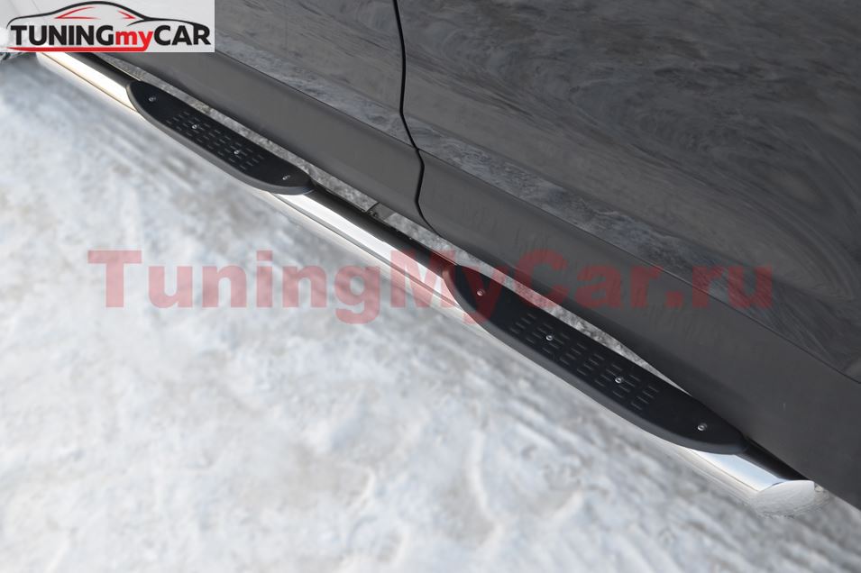 Пороги труба D76 с накладками (вариант 1) для Hyundai Santa Fe 2009-2011