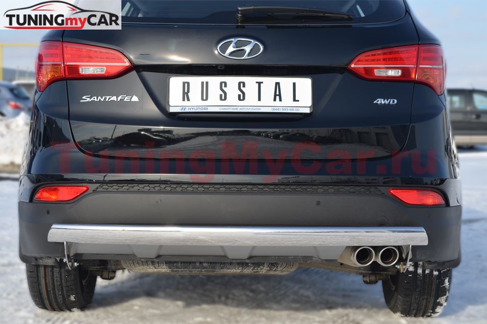 Защита заднего бампера 75х42 овал для Hyundai Santa Fe 2012-2015