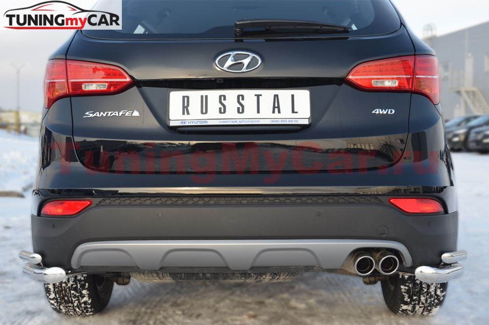 Защита заднего бампера уголки D63/42 для Hyundai Santa Fe 2012-2015