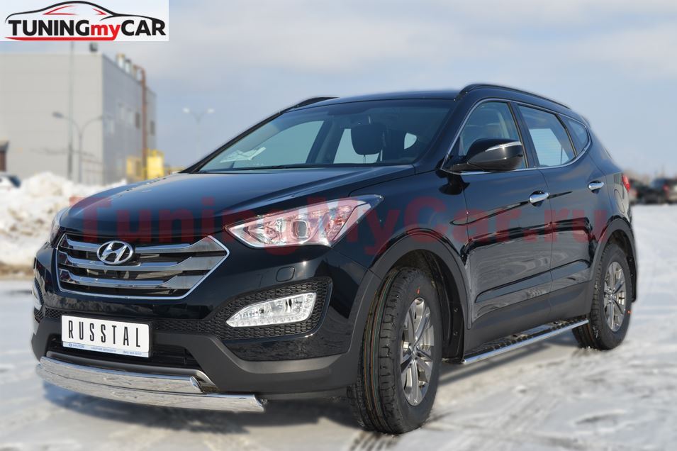 Защита переднего бампера 75х42 / 75х42 овал для Hyundai Santa Fe 2012-2015