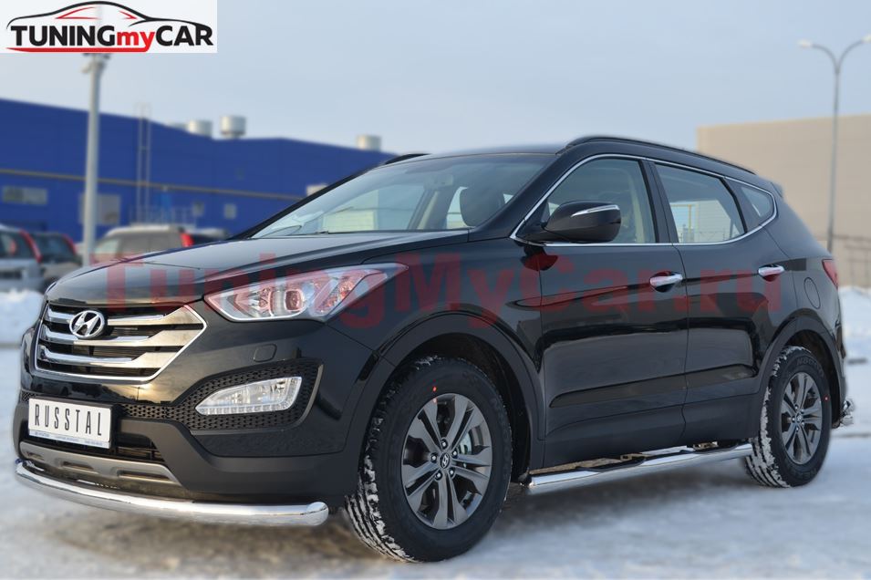 Пороги труба D76 с накладкой (вариант 3) для Hyundai Santa Fe 2012-2015