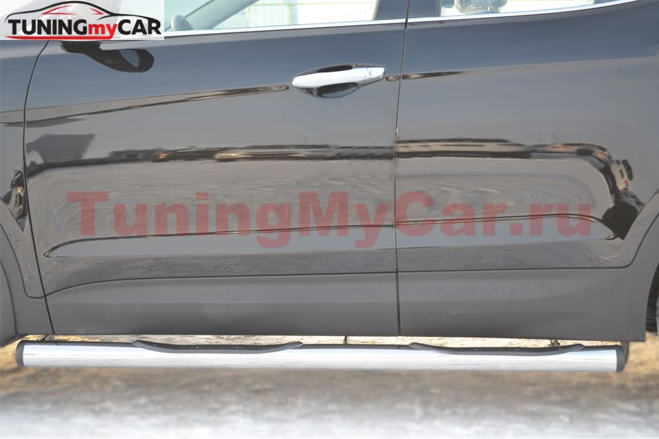 Пороги труба D76 с накладкой (вариант 2) для Hyundai Santa Fe 2012-2015