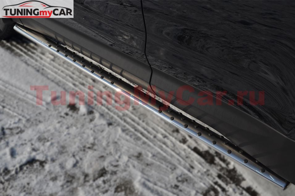 Пороги труба 75х42 овал с проступью для Hyundai Santa Fe 2012-2015