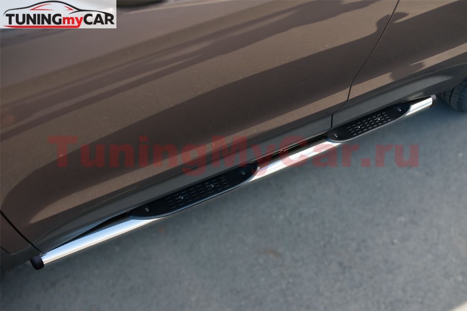 Пороги труба D76 с накладкой (вариант 2) для Hyundai Santa Fe Grand 2014-