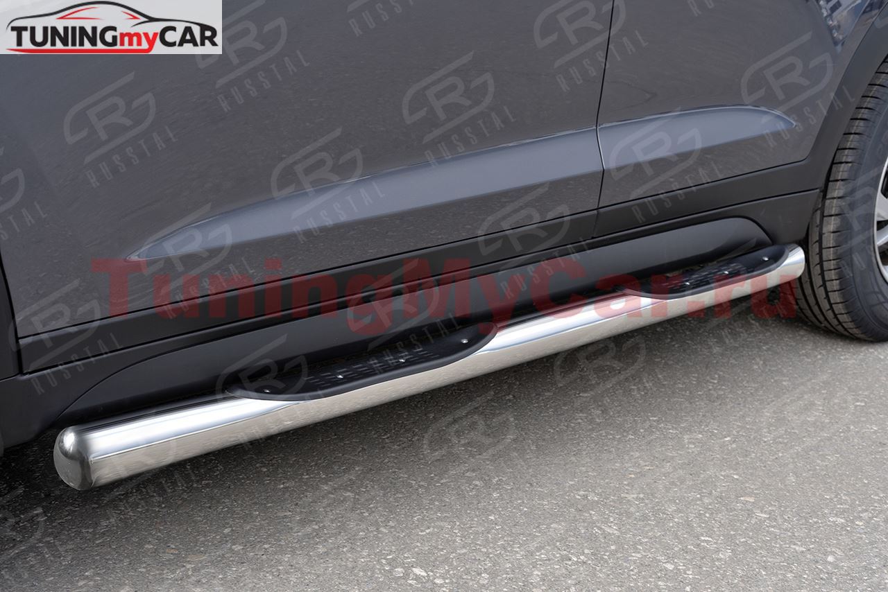 Пороги труба D76 с накладкой (вариант 3) для Hyundai Tucson 2015