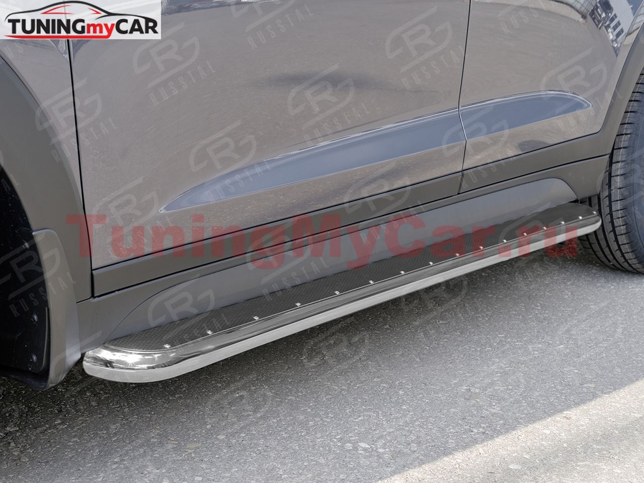 Пороги труба D42 С листом (Лист нерж, проф. нерж)(Вариант3) для Hyundai Tucson 2015