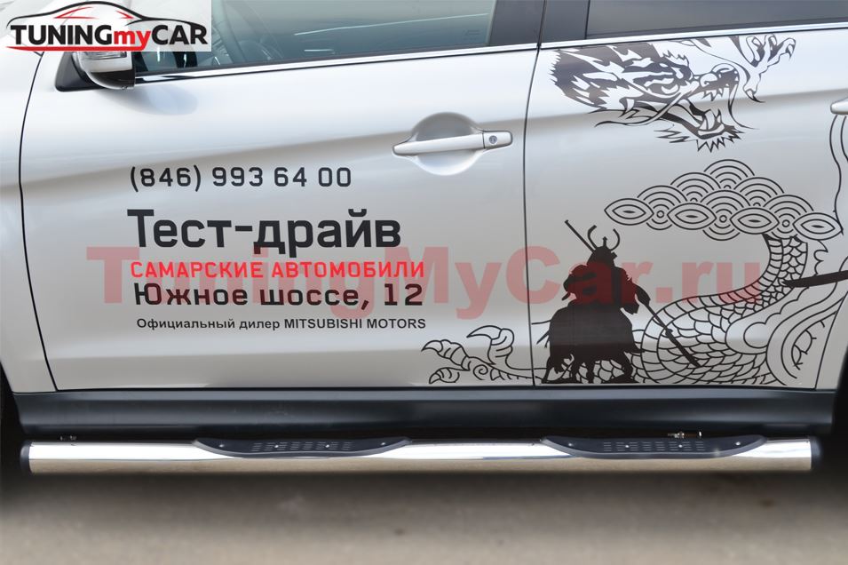 Пороги труба D76 с накладкой (вариант 2) для Mitsubishi ASX 2012-
