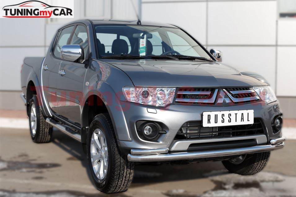 Пороги труба D76 с накладкой (вариант 3) для Mitsubishi L200 2014