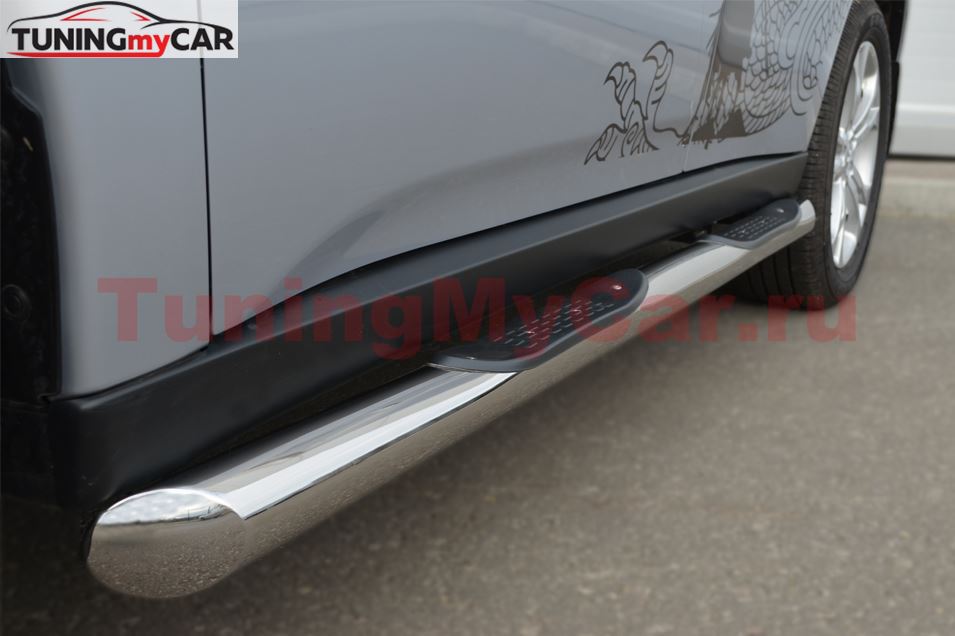 Пороги труба D76 с накладками (вариант 1) для Mitsubishi Outlander 2012-2014