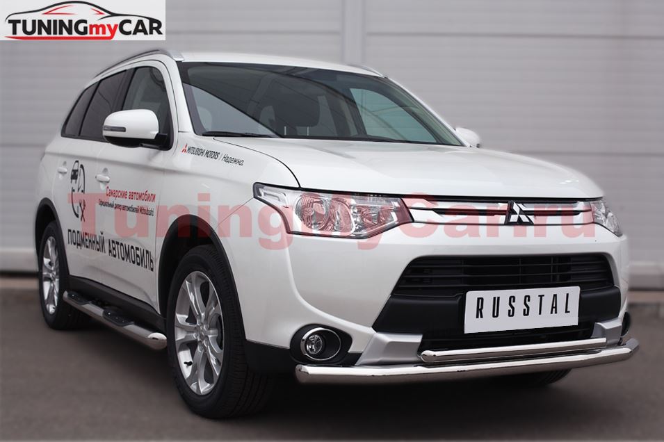 Пороги труба D76 с накладкой (вариант 1) для Mitsubishi Outlander 2014