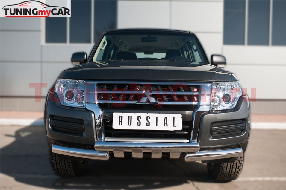 Защита переднего бампера D76 (дуга) D76х2 (дуга)+клыки для Mitsubishi Pajero 4 2014-
