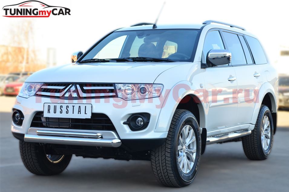 Пороги труба D76 с накладкой (вариант 1) для Mitsubishi Pajero Sport 2013-2015