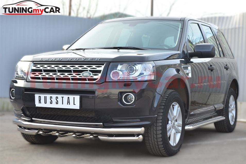 Пороги труба D42 с листом (Лист алюм,проф.нерж)(Вар.1) для Land Rover Freelander 2 2012-