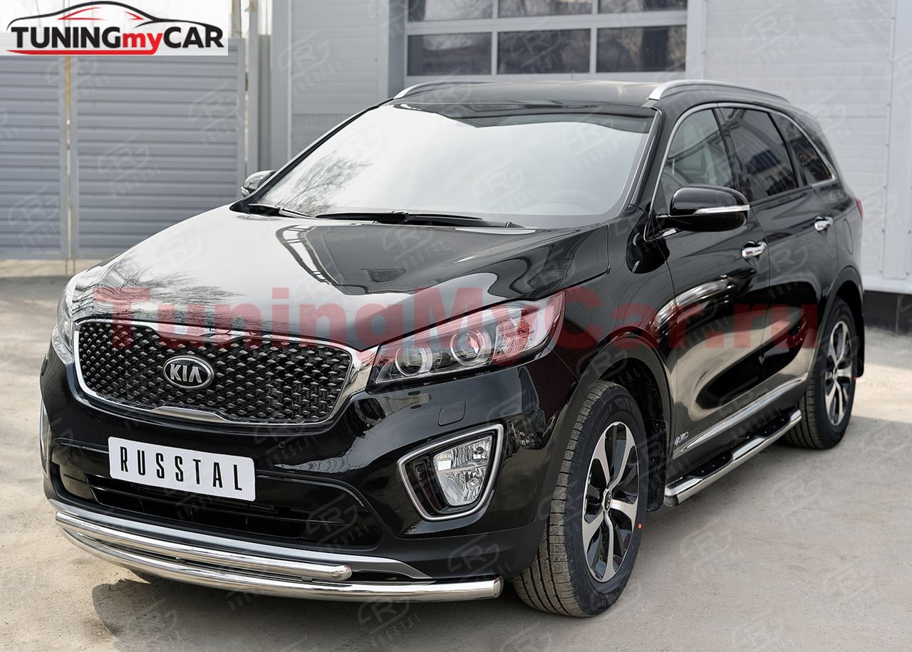 Пороги труба D76 с накладкой (вариант 3) для Kia Sorento Prime CRDI 2015