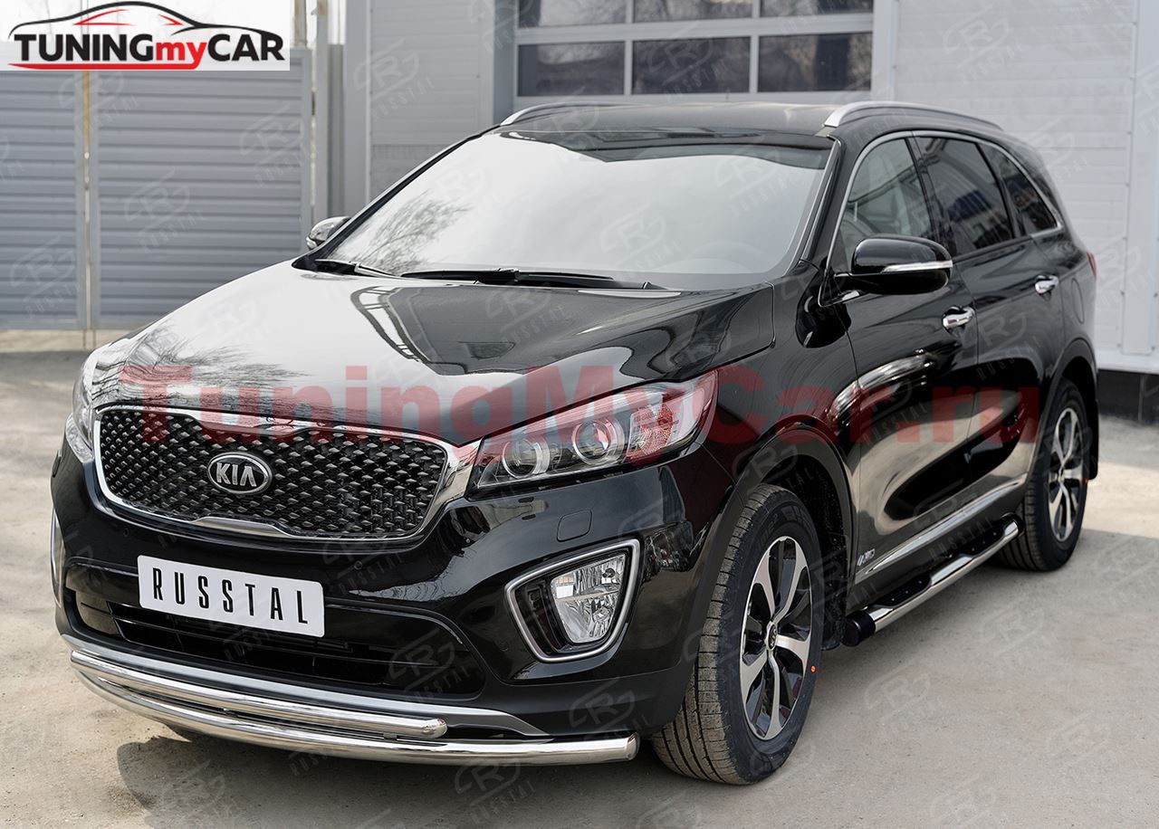Пороги труба D76 с накладкой (вариант 1) для Kia Sorento Prime CRDI 2015