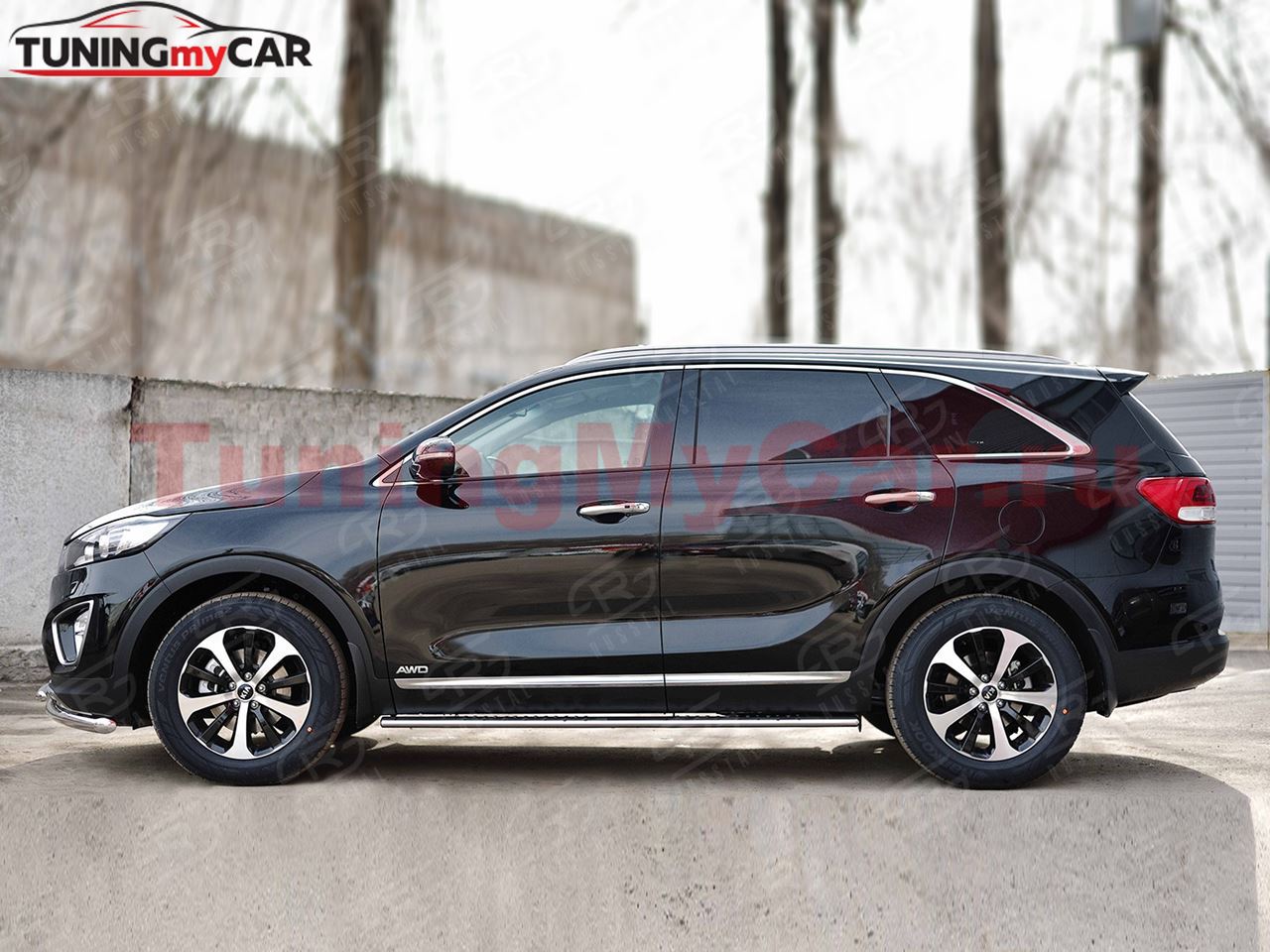 Пороги труба 75х42 овал с проступью для Kia Sorento Prime CRDI 2015