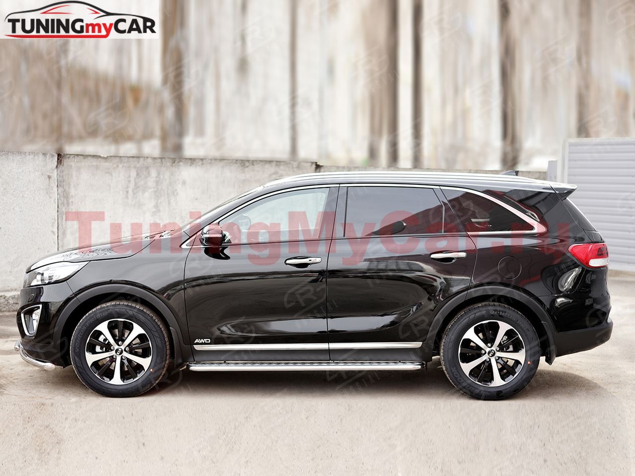 Пороги труба D42 С листом (Лист алюм, проф.сталь)(Вариант2) для Kia Sorento Prime CRDI 2015