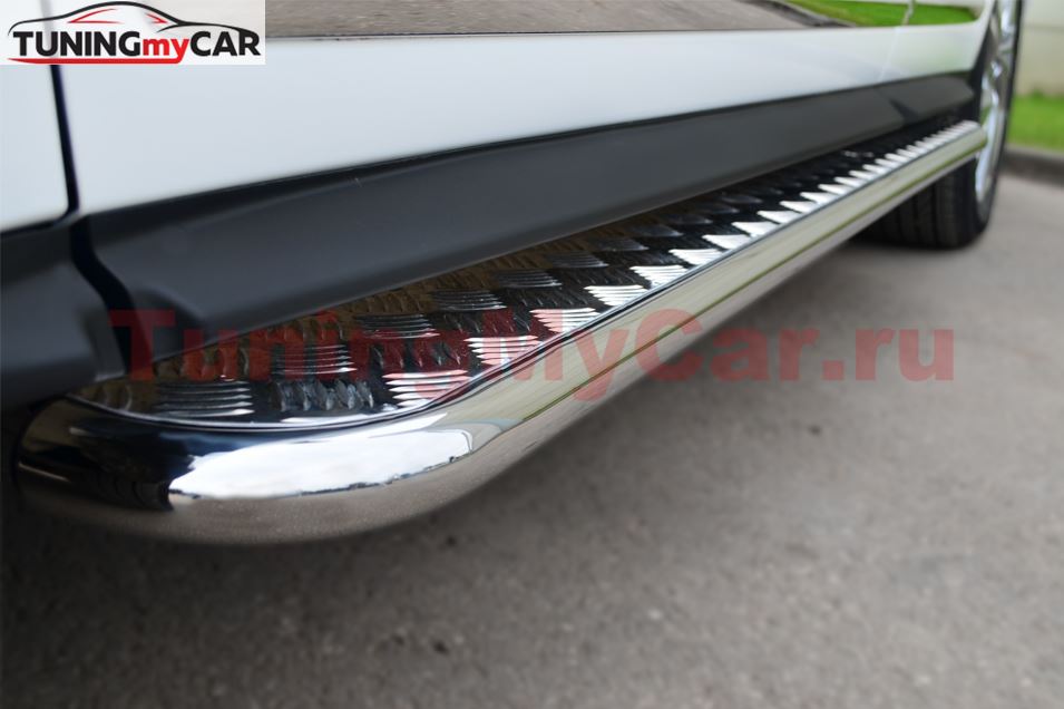Пороги труба D42 с листом (Лист алюм., проф. нерж)(Вариант 1) для Infiniti JX35-QX60 2013-