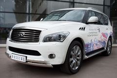 Защита переднего бампера D75х42/(75х42)х2 с подъемом для Infiniti QX56 2010-