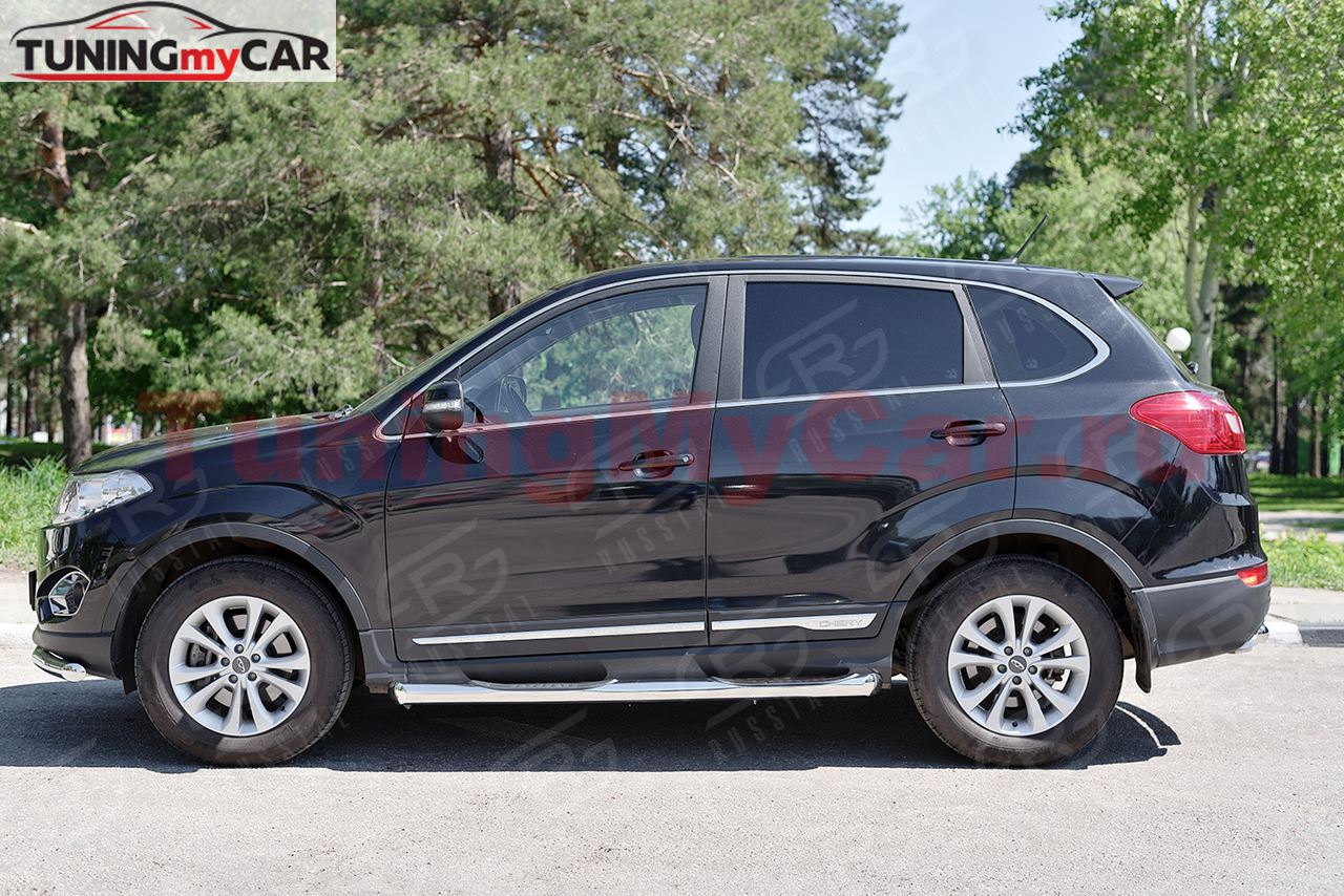 Пороги труба D76 с накладкой (вариант 1) для Chery Tiggo 5 2014