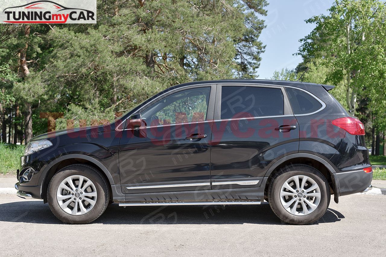 Пороги труба 75х42 овал с проступью для Chery Tiggo 5 2014