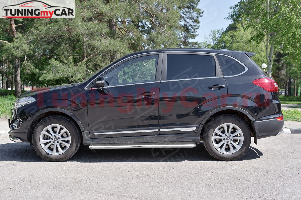 Пороги труба D42 С листом (Лист нерж, проф. нерж)(Вариант3) для Chery Tiggo 5 2014