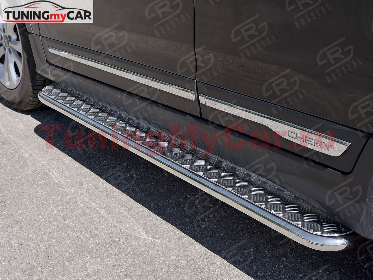 Пороги труба D42 С листом (Лист алюм, проф. нерж)(Вариант1) для Chery Tiggo 5 2014