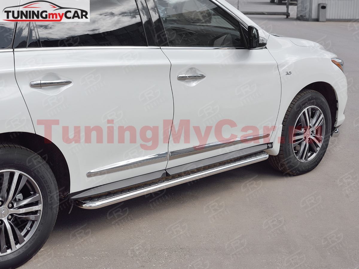 Пороги труба D42 с листом (Лист алюм, проф. нерж) (вариант 1) для Infiniti QX60 2016-