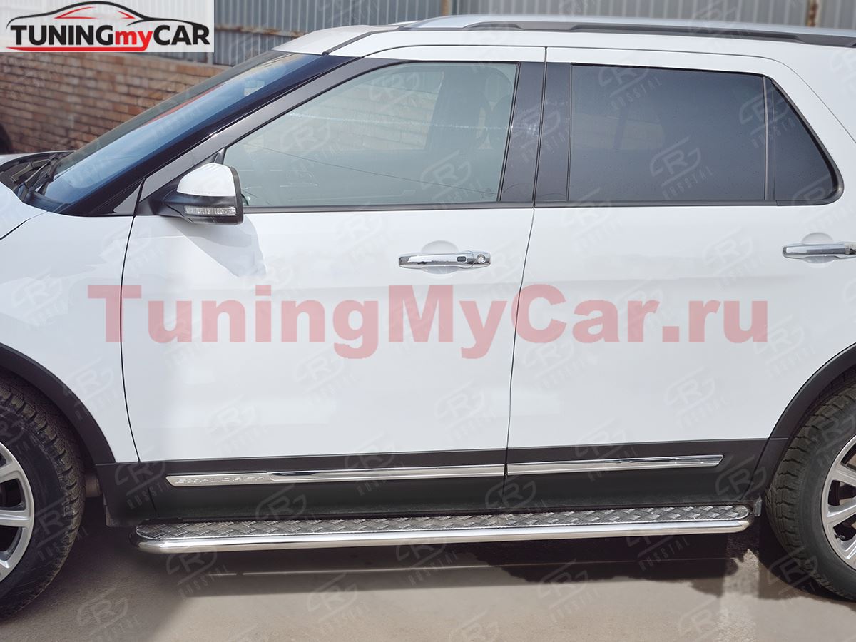 Пороги труба D42 с листом (Лист алюм, проф. нерж) (вариант 1) для Ford Explorer 2016-