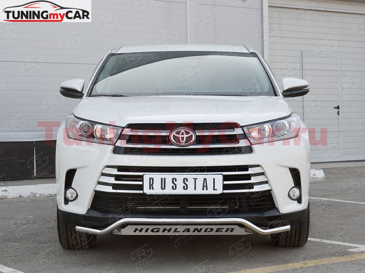Защита переднего бампера D42 волна с надписью для Toyota Highlander 2017-2020