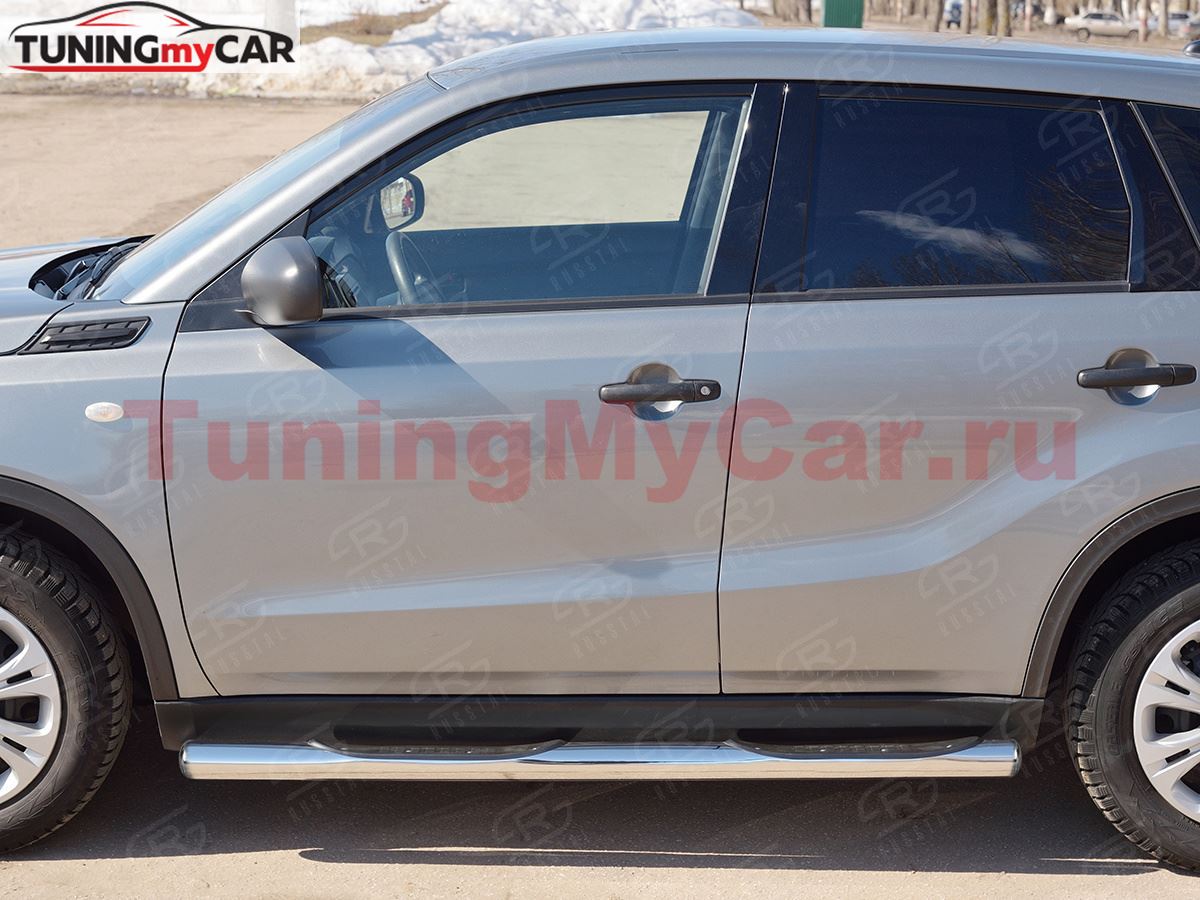 Пороги труба D76 с накладкой (вариант 3) для Suzuki Vitara 2015-