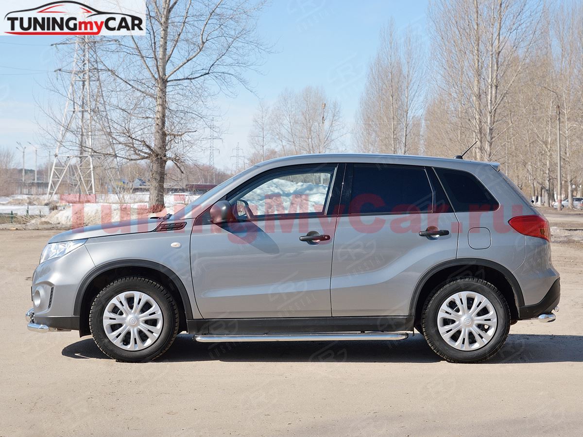 Пороги труба D42 с листом (Лист нерж, проф. нерж) (вариант 3) для Suzuki Vitara 2015-
