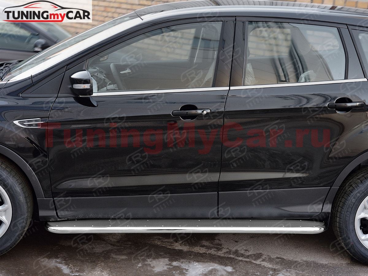 Пороги труба D42 с листом (Лист нерж, проф. нерж) (вариант 3) для Ford Kuga 2016-