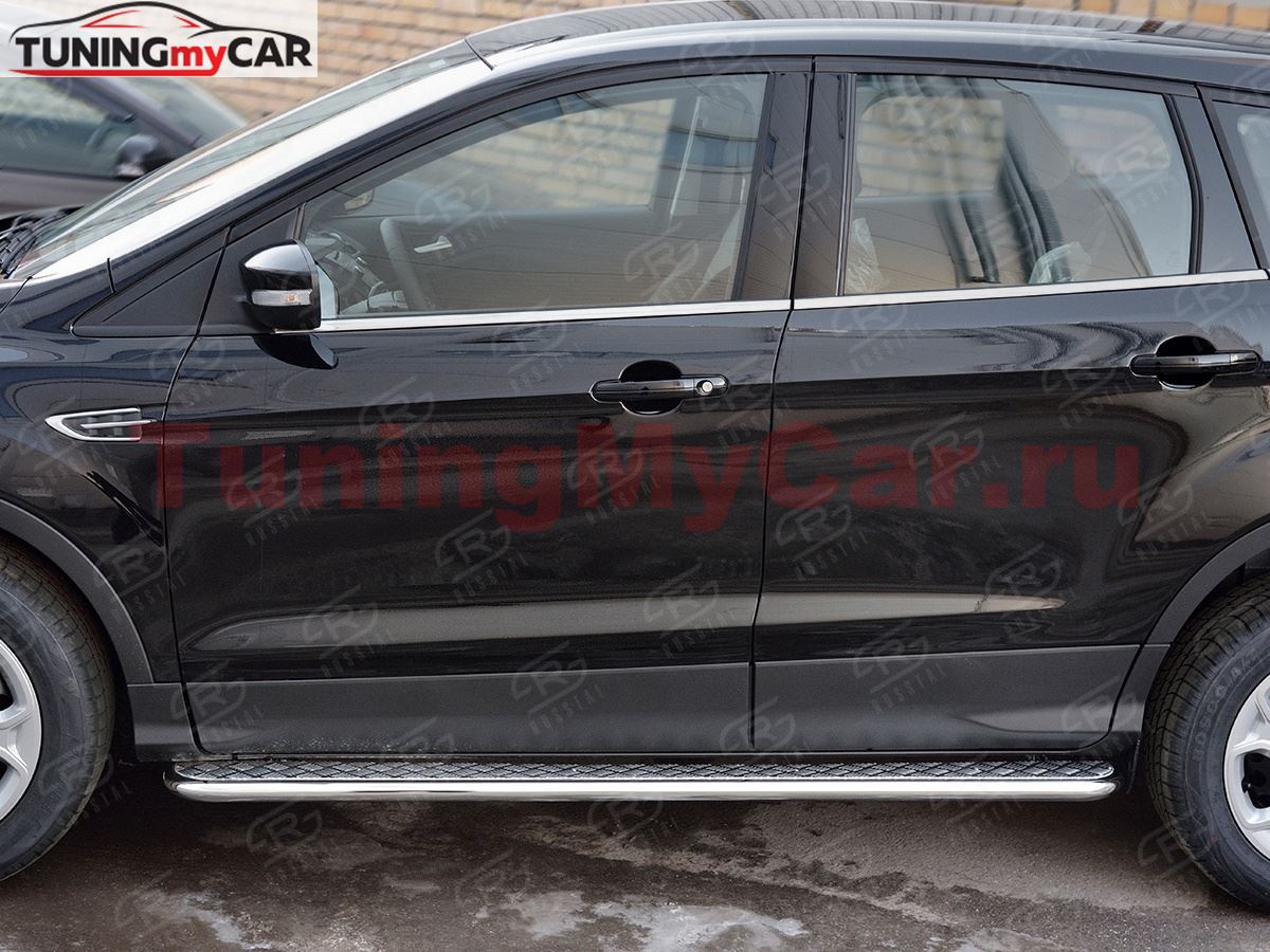 Пороги труба D42 с листом (Лист алюм, проф. нерж) (вариант 1) для Ford Kuga 2016-