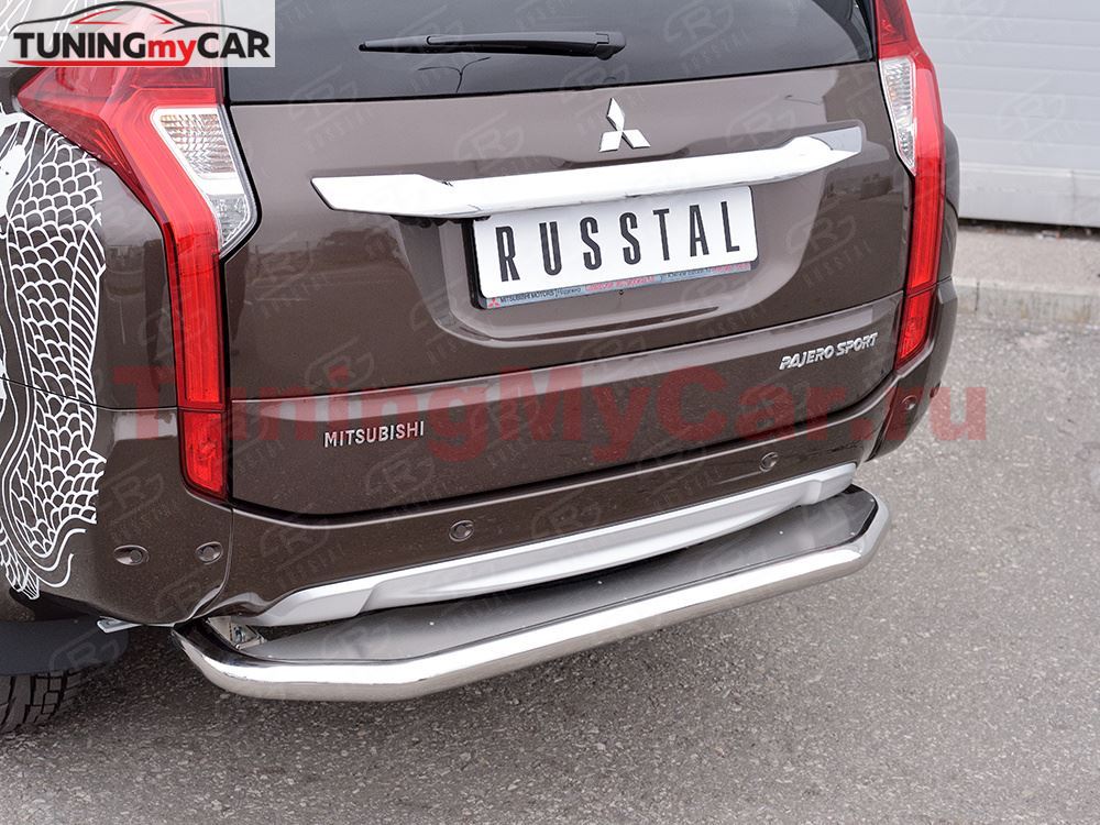 Защита заднего бампера D63 с листом (Лист нерж, проф. нерж)(вариант 3) для Mitsubishi Pajero Sport 2016