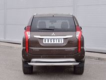 Защита заднего бампера D63 с листом (Лист нерж, проф. нерж)(вариант 3) для Mitsubishi Pajero Sport 2016