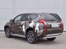 Защита заднего бампера D63 с листом (Лист нерж, проф. нерж)(вариант 3) для Mitsubishi Pajero Sport 2016