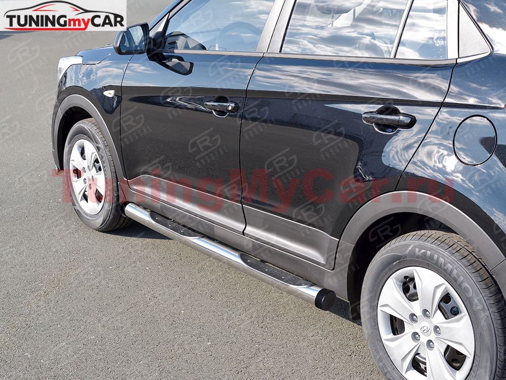 Пороги труба D76 с накладкой (вариант 2) для Hyundai Creta 2016-