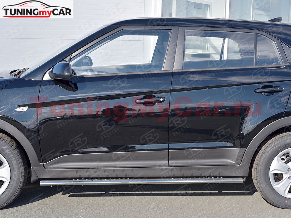 Пороги труба 75х42 овал с проступью для Hyundai Creta 2016-