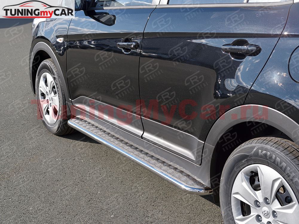 Пороги труба D42 С листом (Лист алюм, проф.сталь)(Вариант2) для Hyundai Creta 2016-