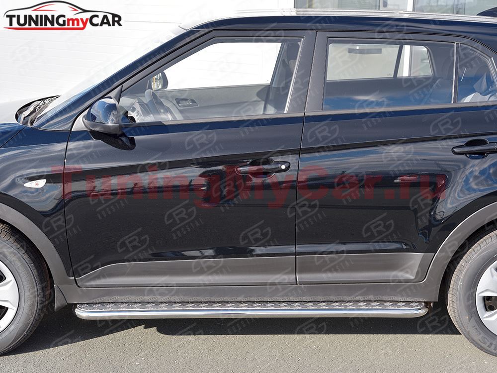 Пороги труба D42 С листом (Лист алюм, проф. нерж)(Вариант1) для Hyundai Creta 2016-