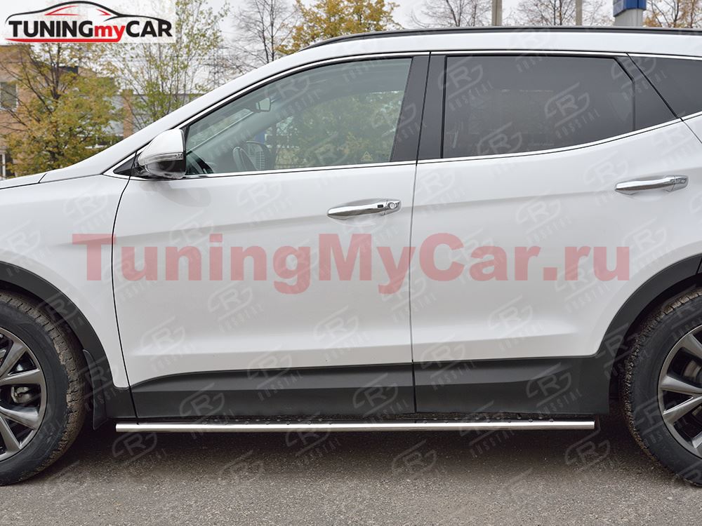 Пороги труба 75х42 овал с проступью для Hyundai Santa FE Premium 2015